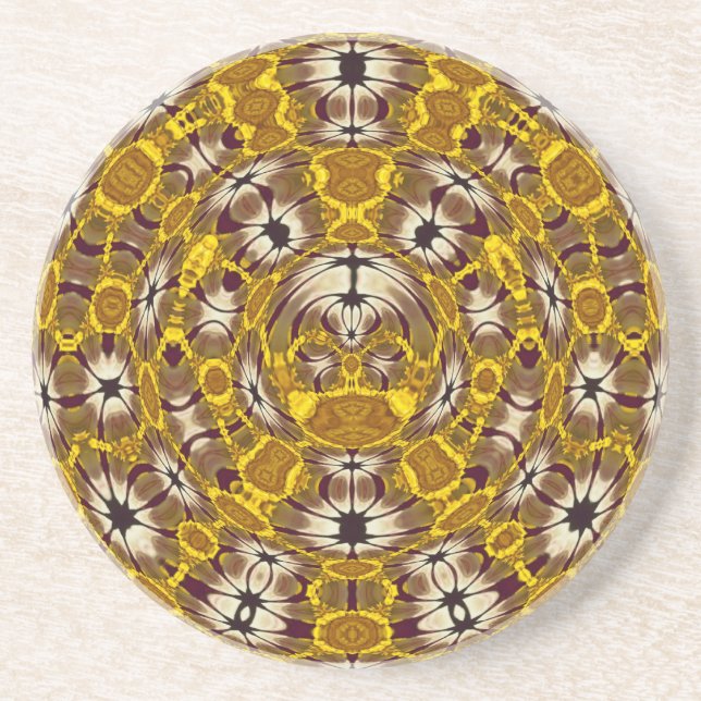 Golden Floral Mandala Boho Pattern Drink Coaster (Front)