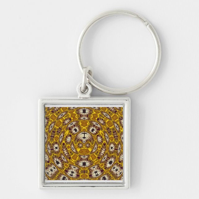 Golden Floral Mandala Boho Pattern Keychain (Front)