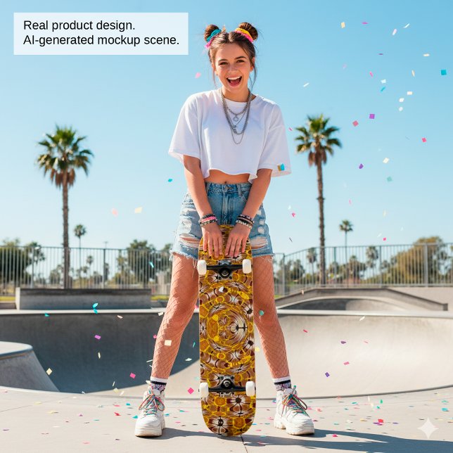 Golden Floral Mandala Boho Pattern Skateboard (Creator Uploaded)