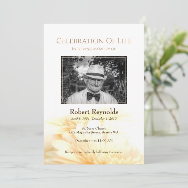 Golden Floral Memorial Funeral Service Photo Invitation (Standing Front)