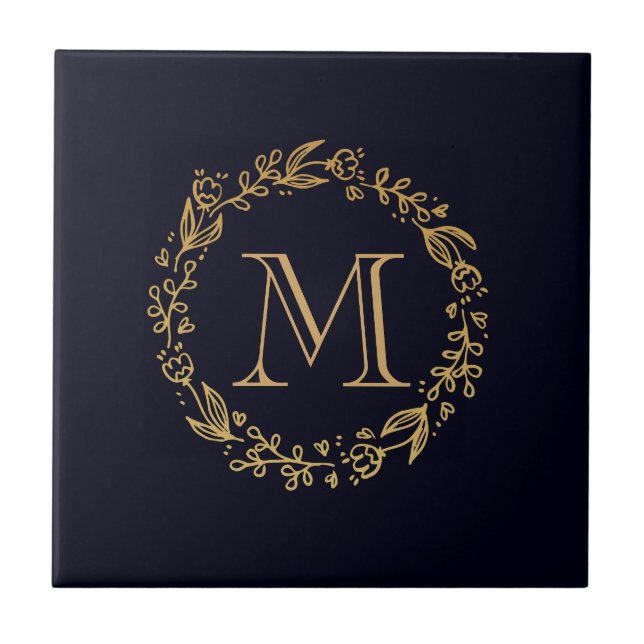 Golden Floral Monogram Ceramic Tile (Front)