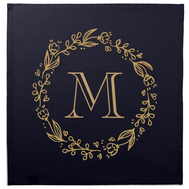 Golden Floral Monogram Cloth Napkin (Front)