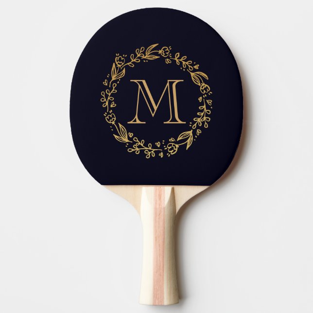 Golden Floral Monogram Ping Pong Paddle (Front)
