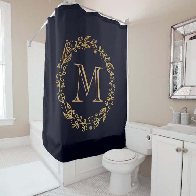 Golden Floral Monogram Shower Curtain (In Situ)