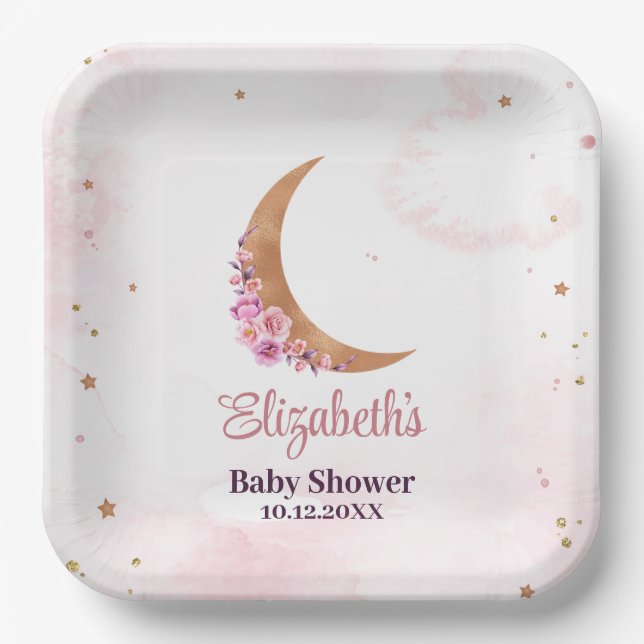 Golden Floral Moon Baby Shower  Paper Plates (Front)