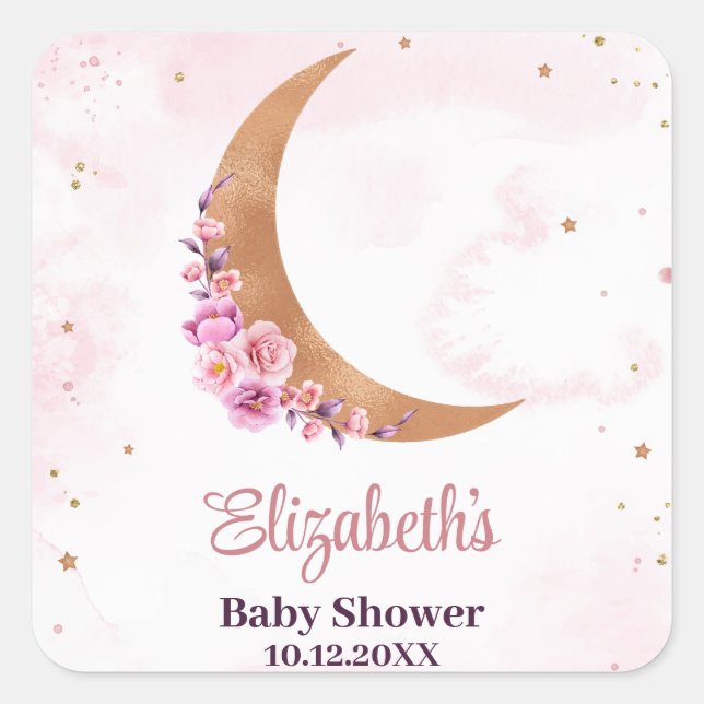 Golden Floral Moon Baby Shower  Square Sticker (Front)