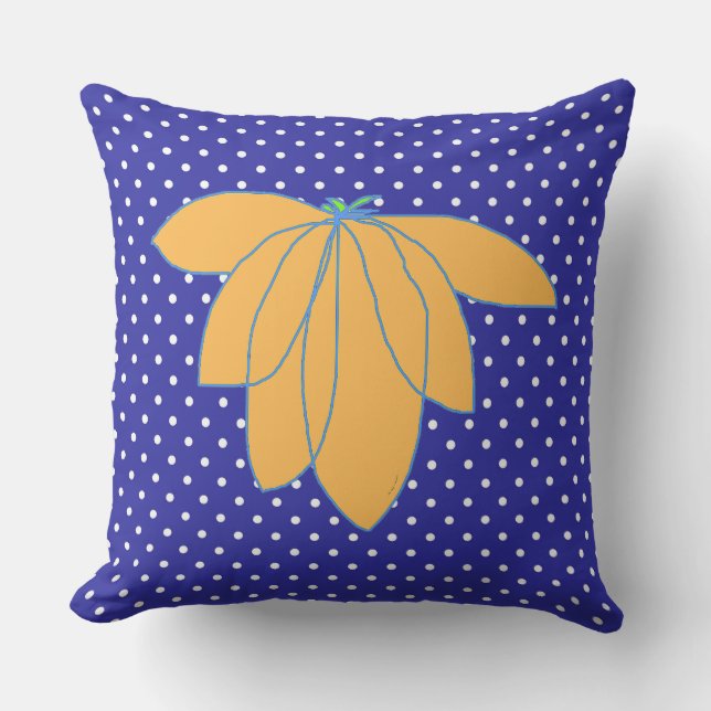 Golden Floral On Blue White Dots  Outdoor Pillow (Front)