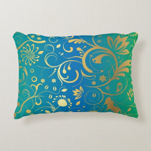 Golden Floral on Green and Blue Gradient Back Accent Pillow
