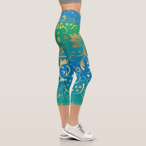 Golden Floral on Green and Blue Gradient Back Capri Leggings