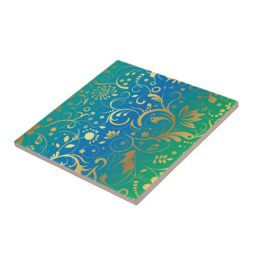 Golden Floral on Green and Blue Gradient Back Ceramic Tile