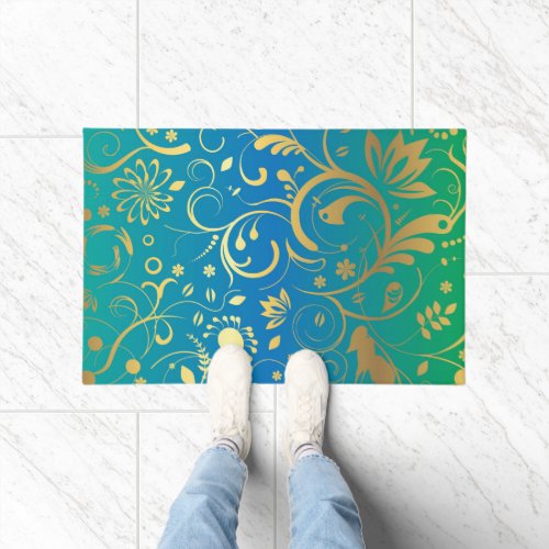 Golden Floral on Green and Blue Gradient Back Doormat