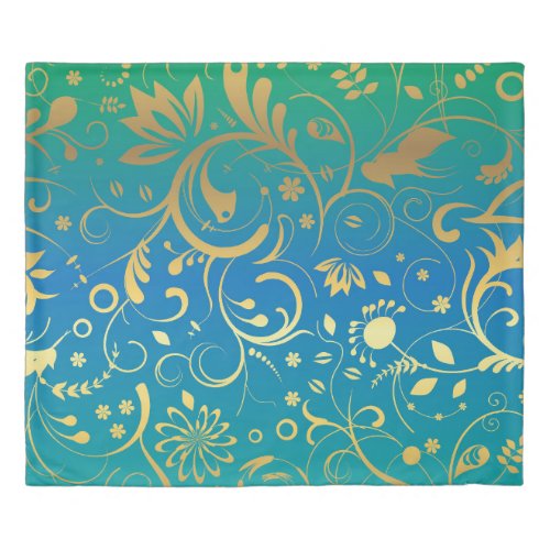 Golden Floral on Green and Blue Gradient Back Duvet Cover