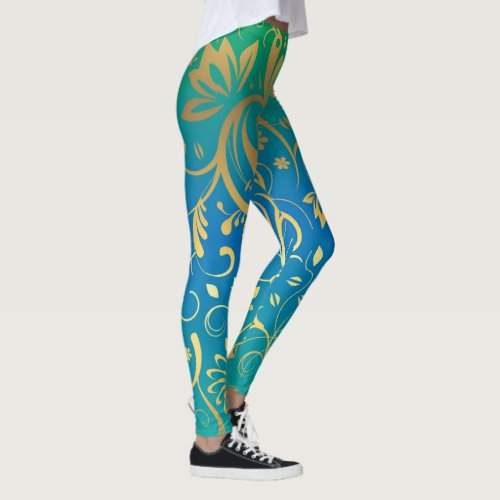 Golden Floral on Green and Blue Gradient Back Leggings