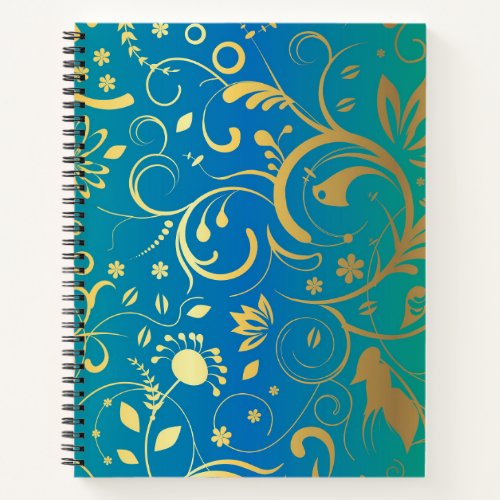 Golden Floral on Green and Blue Gradient Back Notebook