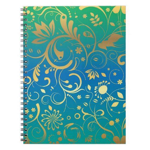 Golden Floral on Green and Blue Gradient Back Notebook