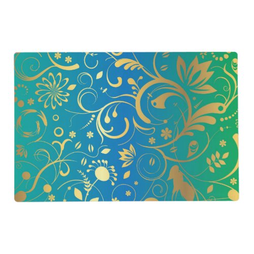 Golden Floral on Green and Blue Gradient Back Placemat