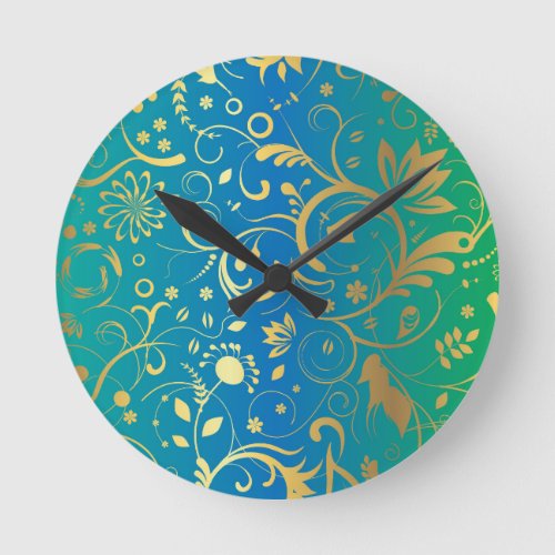 Golden Floral on Green and Blue Gradient Back Round Clock