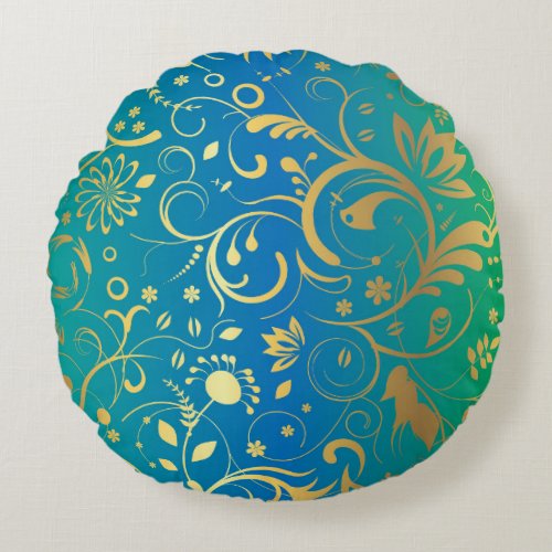 Golden Floral on Green and Blue Gradient Back Round Pillow