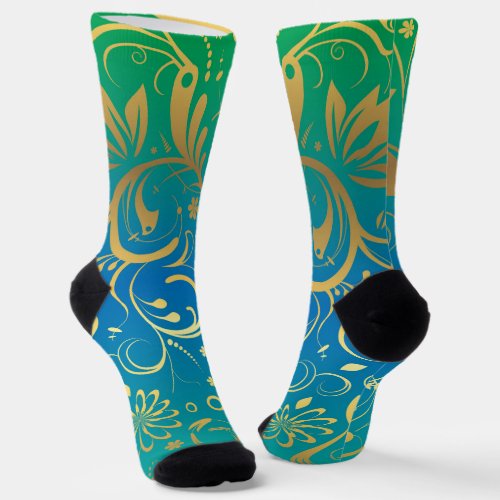 Golden Floral on Green and Blue Gradient Back Socks
