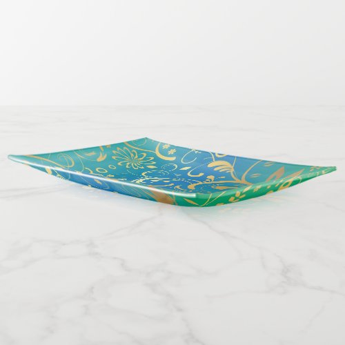 Golden Floral on Green and Blue Gradient Back Trinket Tray