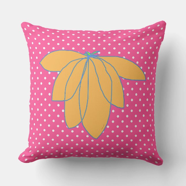 Golden Floral On Pink White Dots  Outdoor Pillow (Front)
