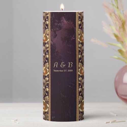 Golden Floral Ornament with Pearls Pillar Candle