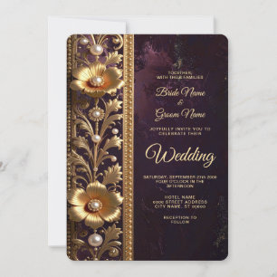 Golden Floral Ornament with Pearls Wedding Invitation