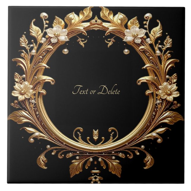Golden Floral Ornate Frame Ceramic Tile (Front)