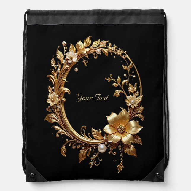 Golden Floral Ornate Frame Drawstring Backpack (Front)