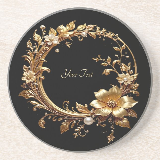 Golden Floral Ornate Frame Sandstone Coaster (Front)