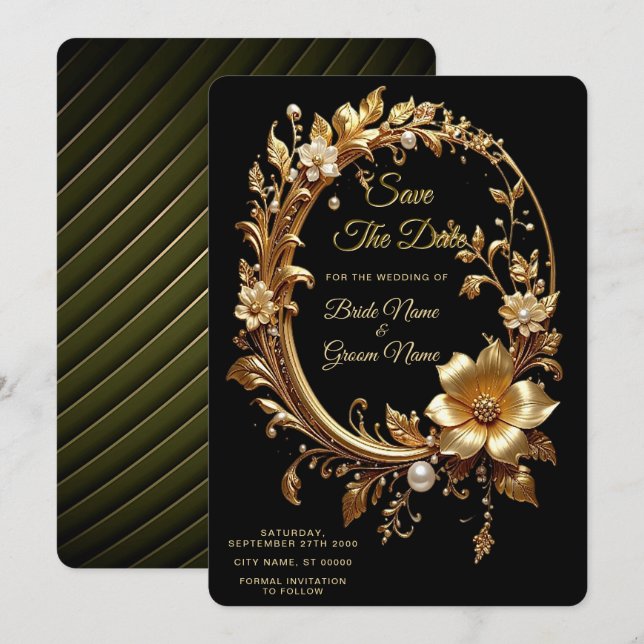Golden Floral Ornate Frame Save The Date (Front/Back)
