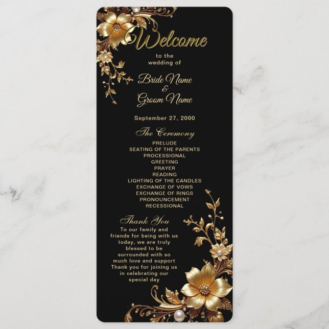 Golden Floral Ornate Frame Wedding Program (Front)