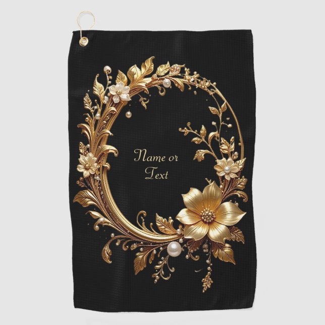 Golden Floral Ornate Golf Towel (Front)