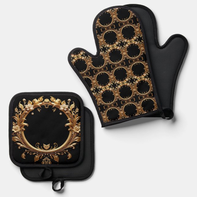 Golden Floral Ornate Oven Mitt & Pot Holder Set (Front/Back)