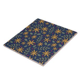 Golden Floral Pattern Botanical Design Ceramic Tile