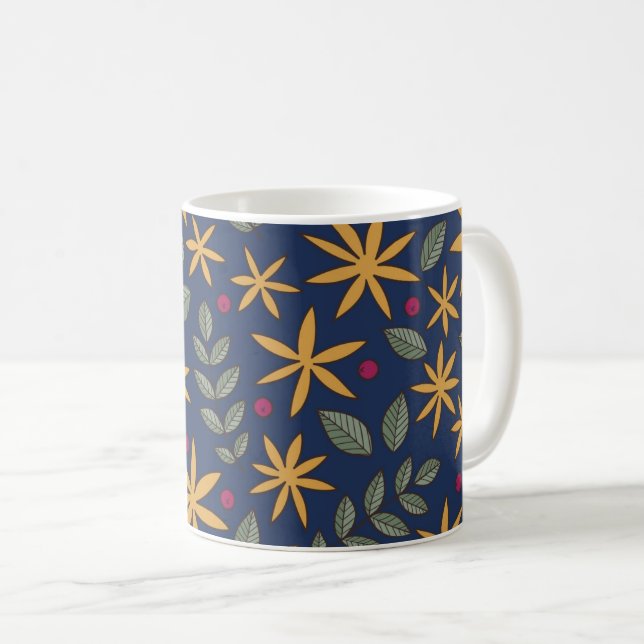Golden Floral Pattern Botanical Design Coffee Mug (Front Right)