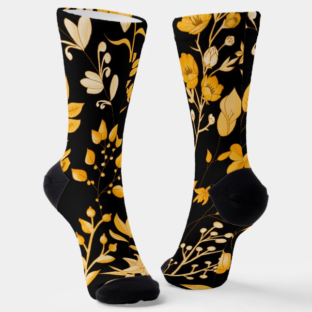 Golden Floral Pattern for Autumn. Black BG Socks (Angled)