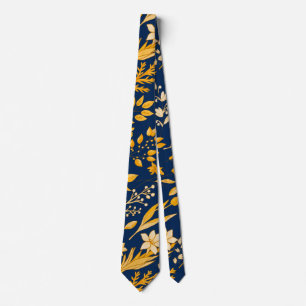 Golden Floral Pattern for Autumn. DBlue BG Neck Tie