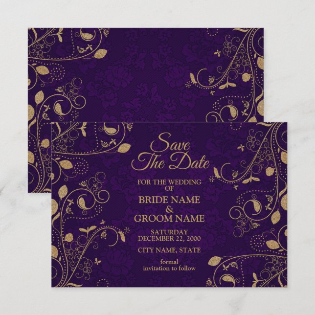 Golden Floral Pattern Leaves Purple Modern Wedding Save The Date (Front/Back)