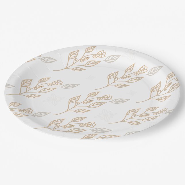 Golden Floral Pattern Paper Plates (Angled)