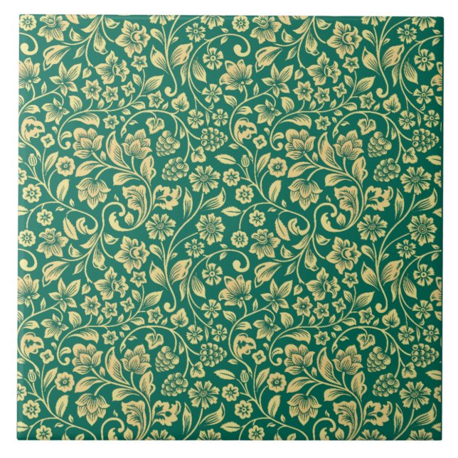 Golden Floral Pattern & Turquoise Background Tile (Front)