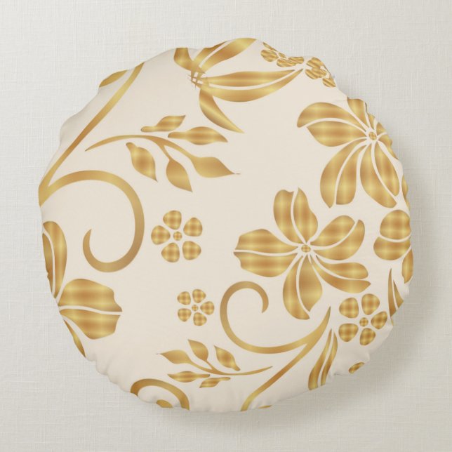 Golden Floral Printed Throw Round Pillow (Back)