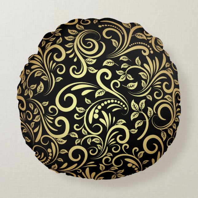 golden floral  round pillow (Front)