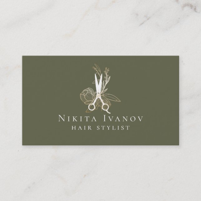 Golden Floral Salon Scissors Logo Business Card (Front)