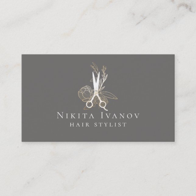 Golden Floral Salon Scissors Logo Business Card (Front)