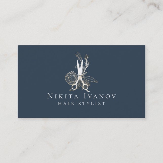 Golden Floral Salon Scissors Logo Business Card (Front)