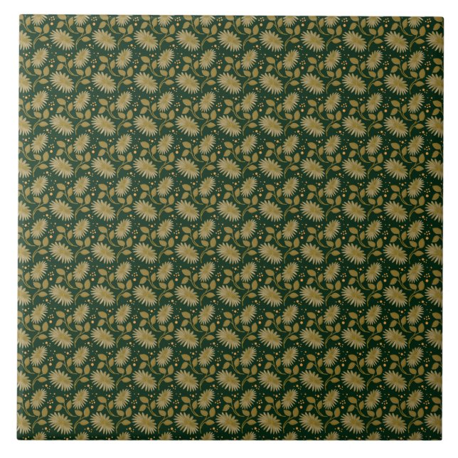 Golden Floral Seamless Pattern Elegant Botanical  Ceramic Tile (Front)