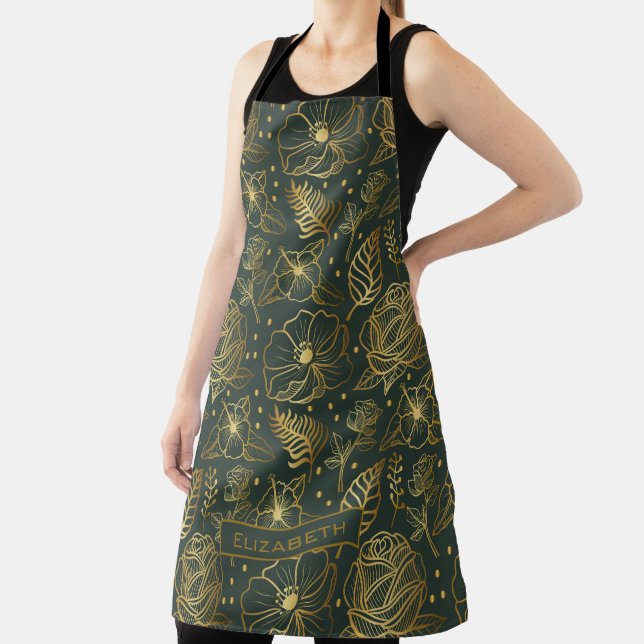 Golden floral seamless pattern personalized name apron (Insitu)