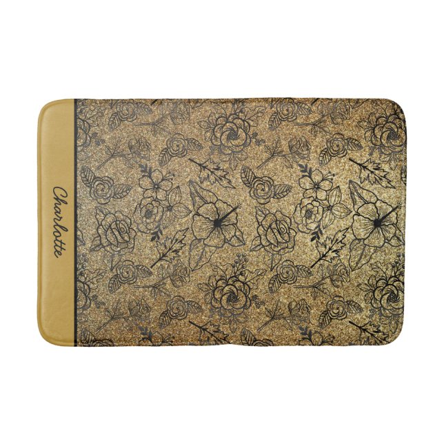 Golden floral seamless pattern personalized name  bath mat (Front)