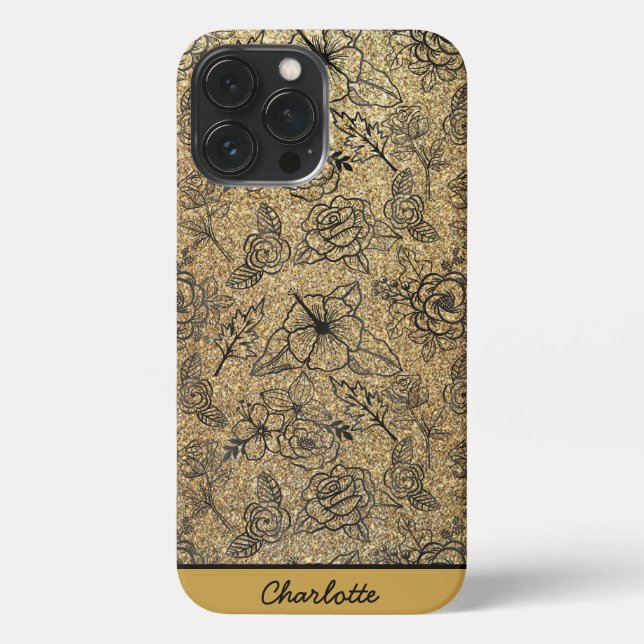 Golden floral seamless pattern personalized name iPhone case (Back)